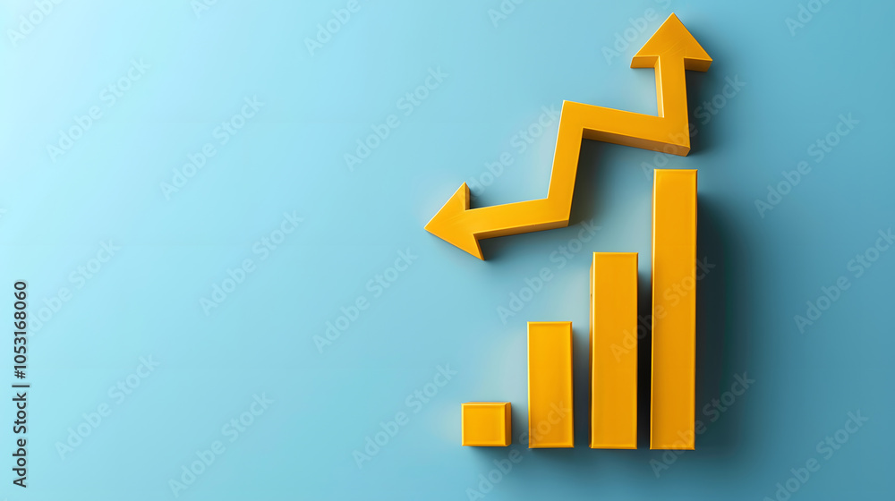 Fototapeta premium Yellow 3D bar chart with upward and downward arrow on a blue background, representing market trends, growth, and analysis