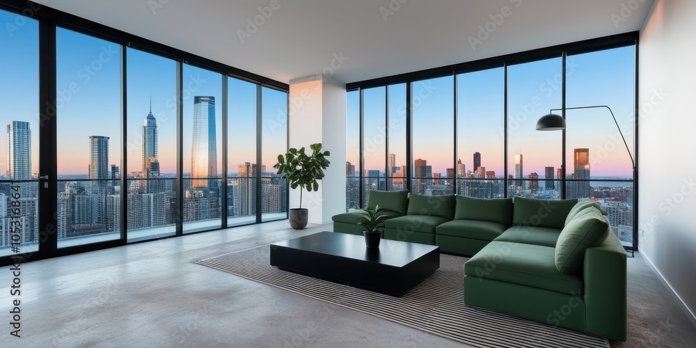 Naklejka premium Luxurious penthouse living room, floor-to-ceiling windows, panoramic city skyline view, Manhattan skyscrapers, modern green velvet sofa, glass coffee table, potted plant, hardwood floors, sunset light