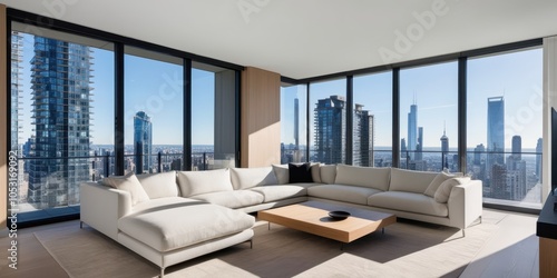 Luxurious penthouse apartment, floor-to-ceiling windows, panoramic city skyline view, modern minimalist furniture, white leather sofa, glass coffee table, neutral color palette, spacious living room, 