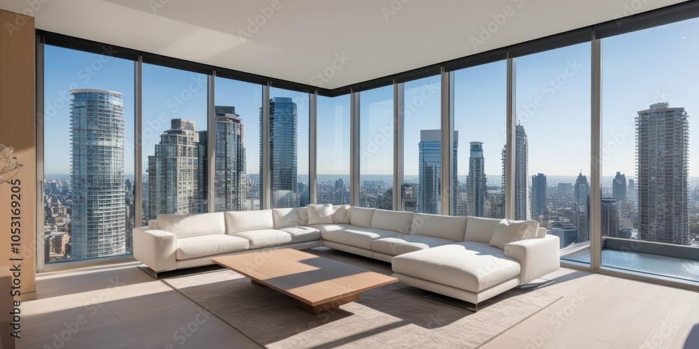 Fototapeta premium Luxurious penthouse apartment, floor-to-ceiling windows, panoramic city skyline view, modern minimalist furniture, white leather sofa, glass coffee table, neutral color palette, spacious living room, 