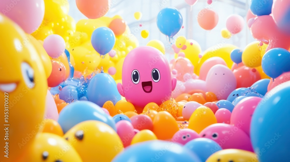 Soft inflatable cartoon with colorful, round shapes, vibrant tones, and a playful, animated look Soft inflatable cartoon with colorful, round shapes, vibrant tones, and a playful, animated look