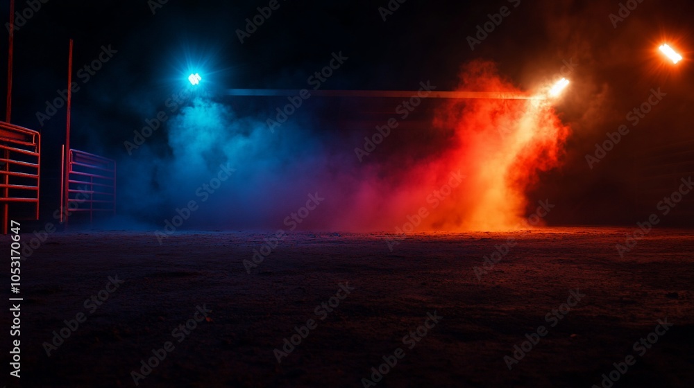 Fototapeta premium A dark, empty space with a red and blue spotlight shining through thick smoke, creating a dramatic, mysterious scene.