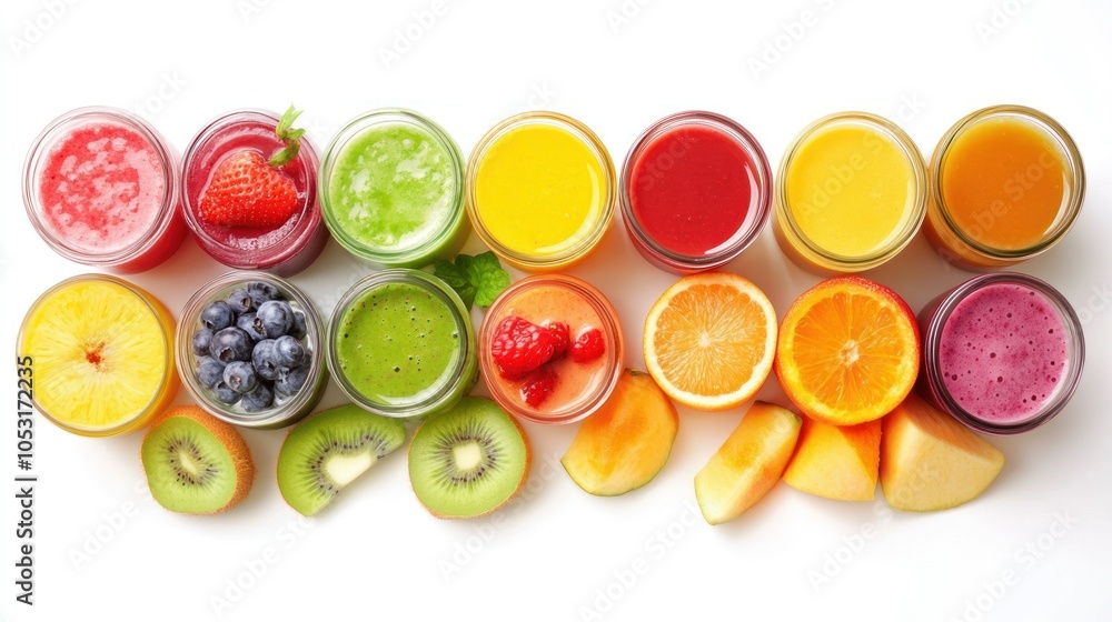 Colorful Smoothies and Fruit Slices Arranged on White Background Colorful Smoothies and Fruit Slices Arranged on White Background