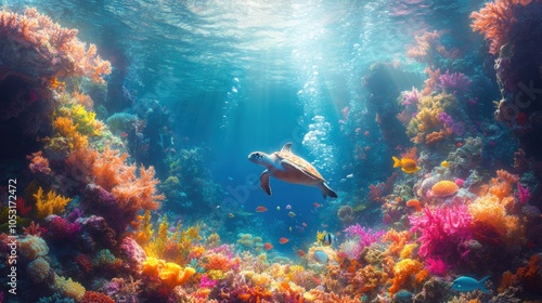 Vibrant underwater scene with a turtle and colorful coral reefs. photo