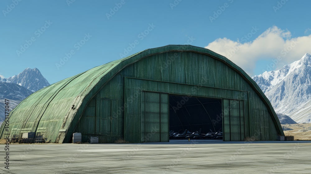Secretive Hangar in the Mountains: A weathered, green hangar with large, open doors sits in a remote mountain valley, hinting at hidden secrets and untold stories within. Secretive Hangar in the Mountains: A weathered, green hangar with large, open doors sits in a remote mountain valley, hinting at hidden secrets and untold stories within.