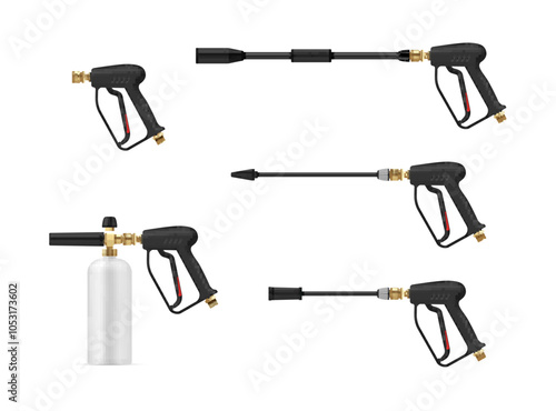 Variety of nozzles and pressure washer gun components displayed on a white background for effective cleaning applications