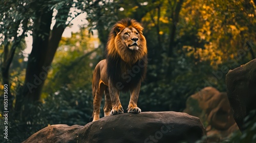 Fototapeta Naklejka Na Ścianę i Meble -  King of the Jungle:  Majestic lion with a powerful presence, stands tall on a rock in a lush green forest