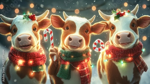 Whimsical Christmas cows in cozy scarves, decorated with lights and candy canes