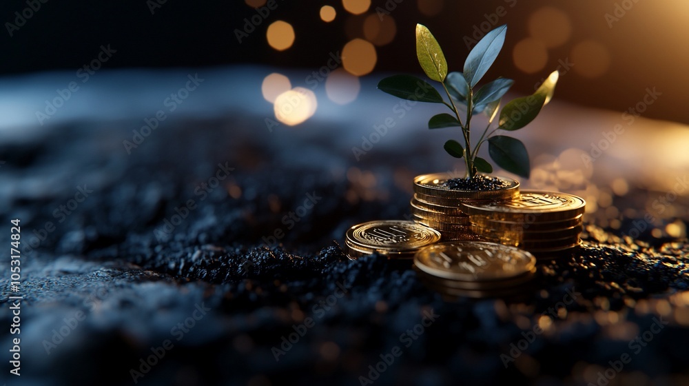 A small plant grows from a pile of gold coins against a dark background. A small plant grows from a pile of gold coins against a dark background.