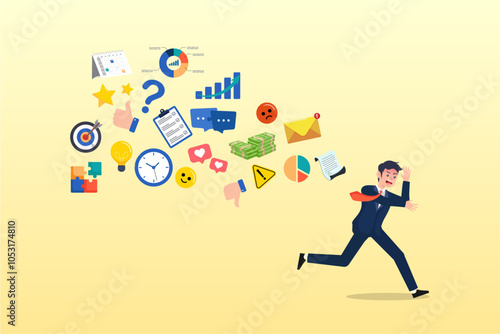 Frustrated businessman run away from flying social and work information, information overload, excess distraction or overworked, overwhelmed data consume, problem with schedule or workload concept