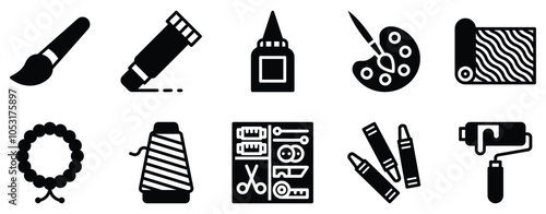 Art and Craft Supplies Icon Set Creative Solid Style Collection for DIY Enthusiasts