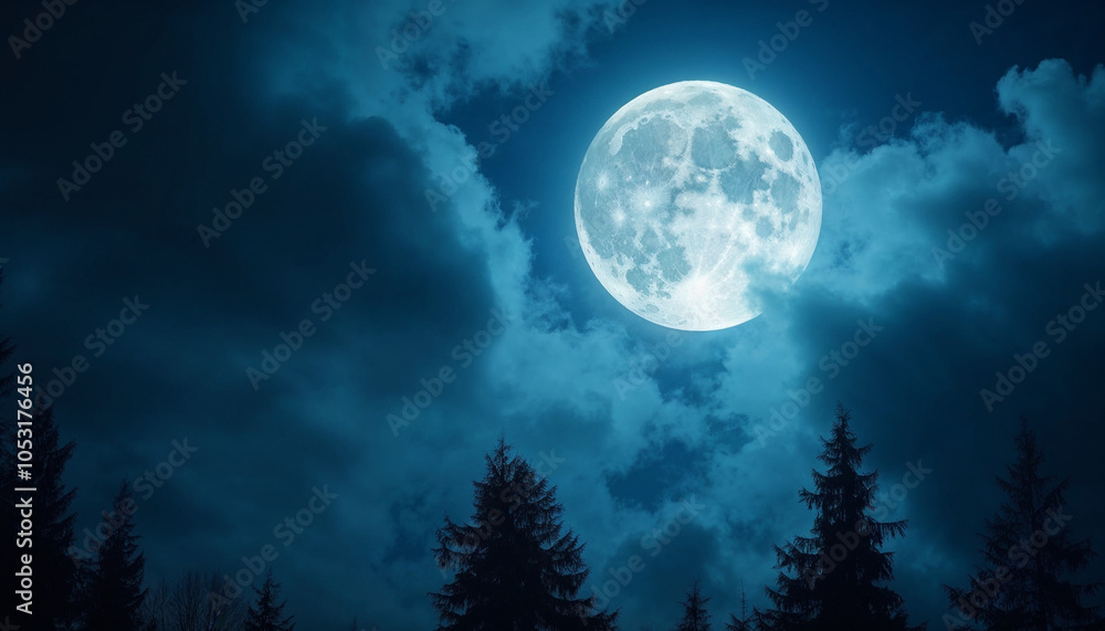 Glowing full moon partially obscured by dark, swirling clouds over Surrey British Columbia Canada with hints of trees silhouetted against the moonlight Glowing full moon partially obscured by dark, swirling clouds over Surrey British Columbia Canada with hints of trees silhouetted against the moonlight