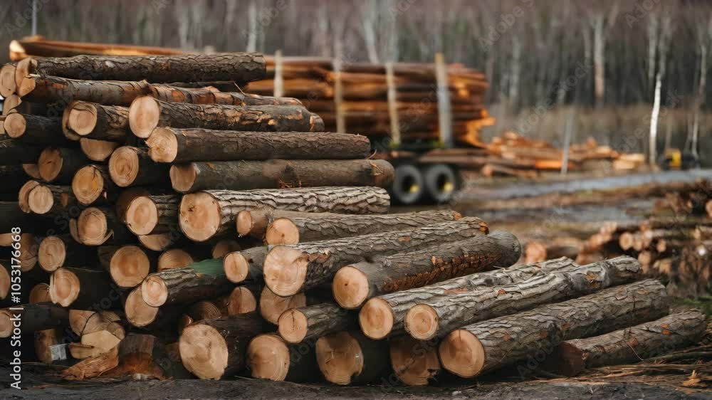 A stack of cut logs beside a truck in a logging area. A stack of cut logs beside a truck in a logging area.
