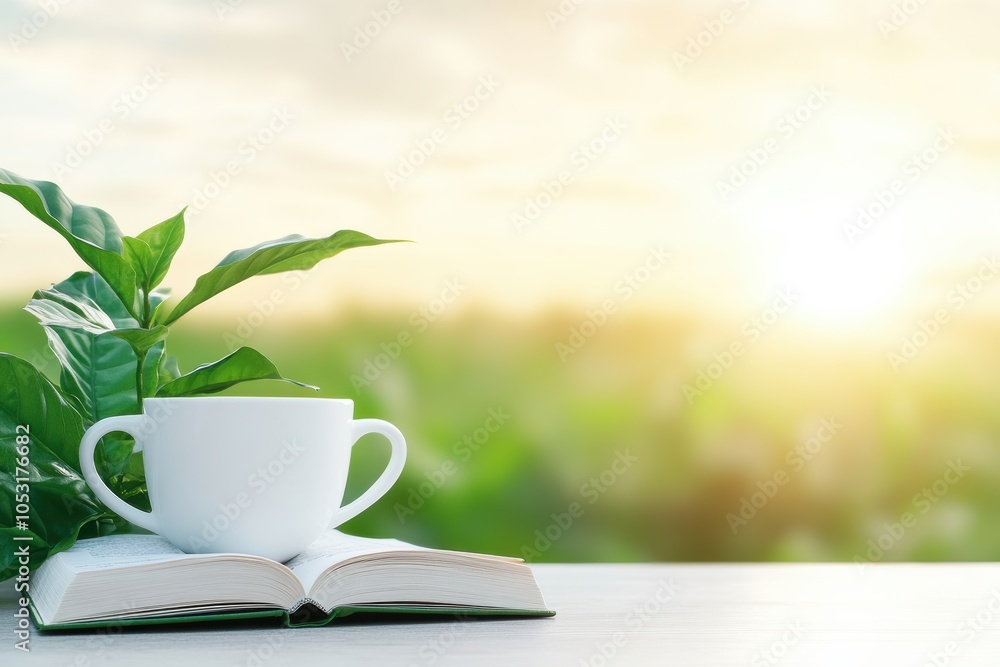 A serene scene of a cup on an open book with a vibrant green plant, illuminated by the soft morning sunlight. A serene scene of a cup on an open book with a vibrant green plant, illuminated by the soft morning sunlight.