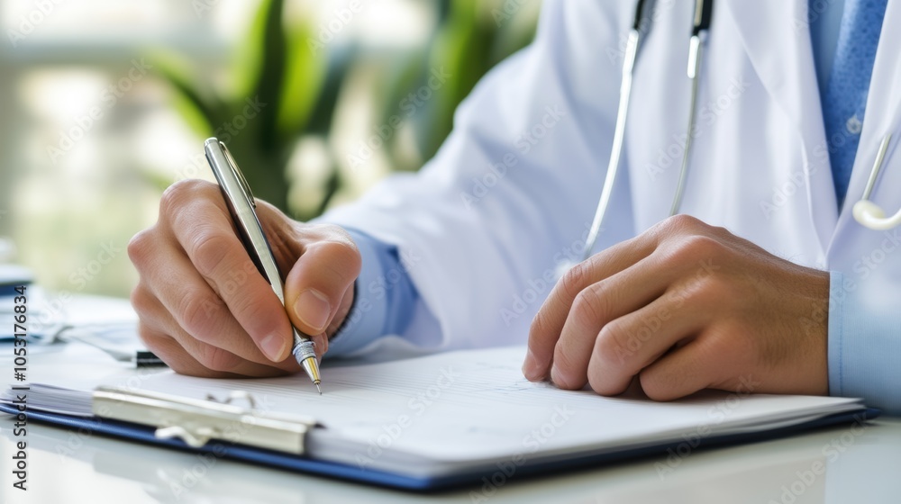 Medical professional writing prescription with pen for patient care Medical professional writing prescription with pen for patient care