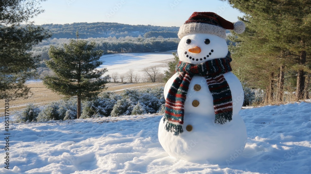 Obraz premium Whimsical Snowman Delights in Picturesque French Countryside - Winter Spirit and Christmas Cheer