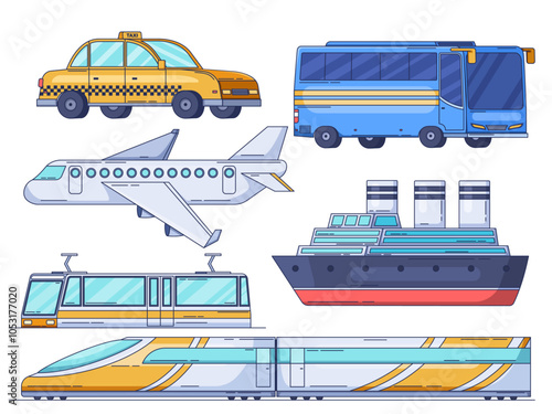 Illustration featuring a variety of public transportation modes, including a taxi cab, bus, airplane, cruise ship, tram, and high-speed train. 
Perfect for educational materials, travel-related design