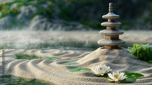 zen garden with stone pagoda and white water lilies on sand and water with foggy background