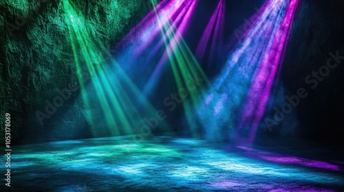 Three vibrant spotlights glowing green, blue, and violet, casting dynamic beams on a dark stage, creating a dramatic atmosphere