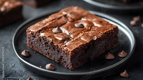 A rich, fudgy brownie with chocolate chips, served on a black plate, perfectly baked for a delicious dessert experience.