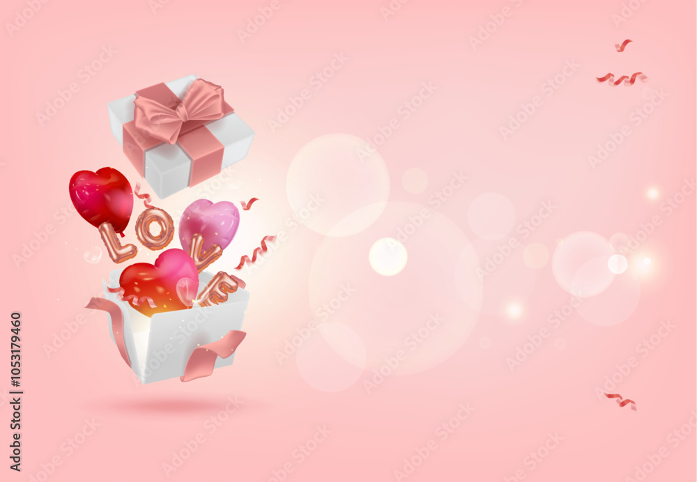 Pink background, open gift flying with red and pink heart balloons and Pink background, open gift flying with red and pink heart balloons and