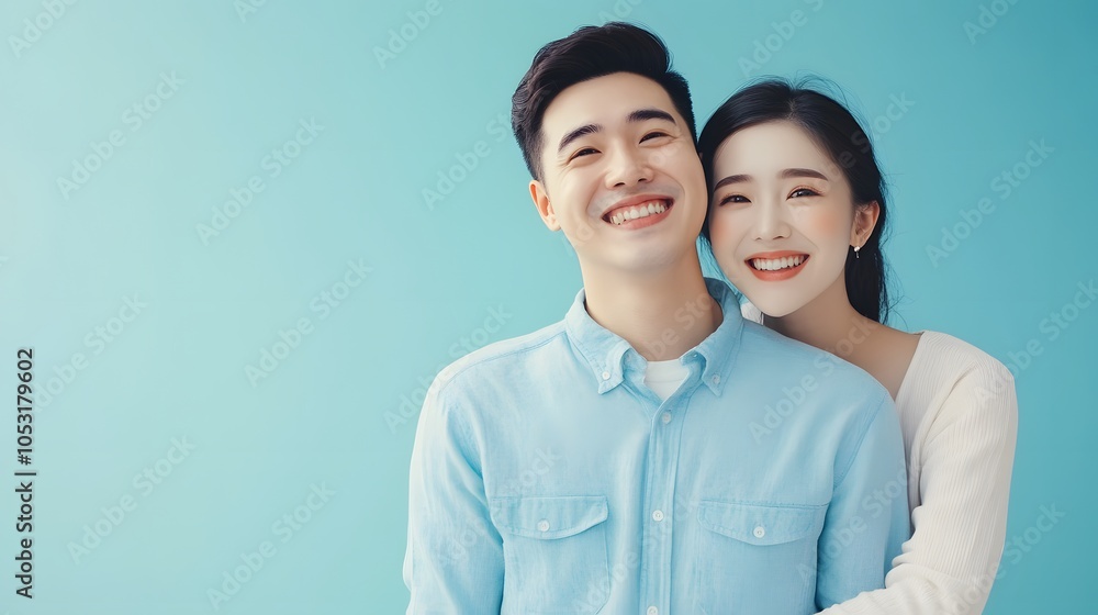 Casual happy Asian man and woman on light blue banner background. Casual happy Asian man and woman on light blue banner background.