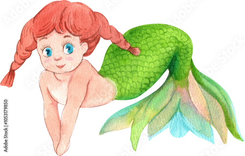 Brown-red haired swimming Cartoon Character, Watercolor Hand-drawn Illustration photo