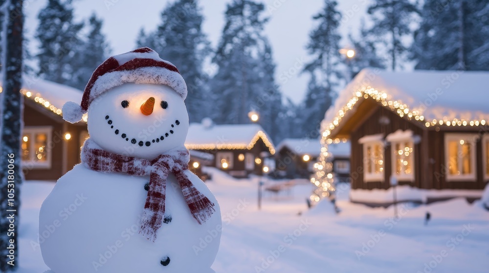 Naklejka premium Enchanting Christmas Magic in a Snow-Covered Finnish Village with a Cozy Snowman