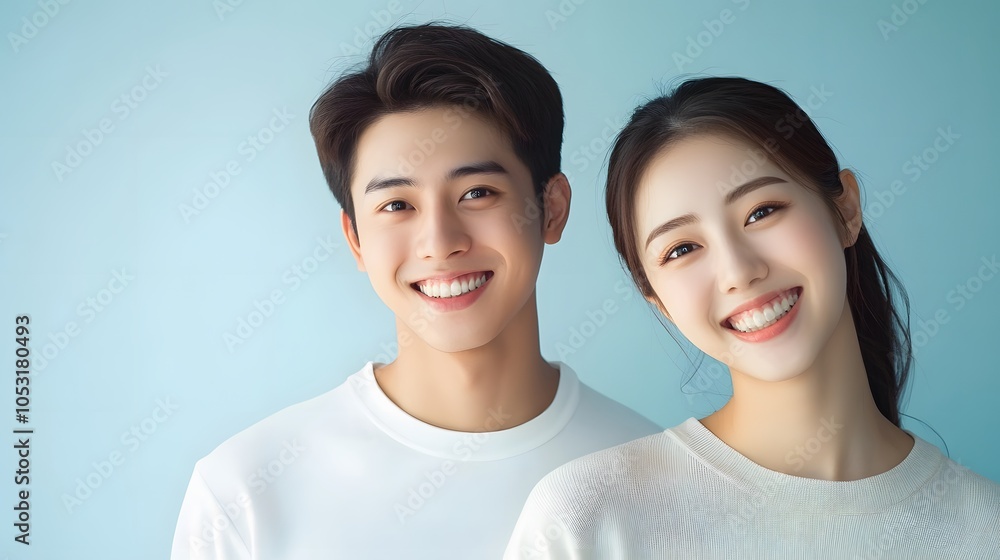 Casual happy Asian man and woman on light blue banner background. Casual happy Asian man and woman on light blue banner background.