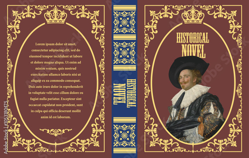 147-26-Book cover design for a historical novel, featuring a smiling nobleman, ornate frame, crown, and elegant typography