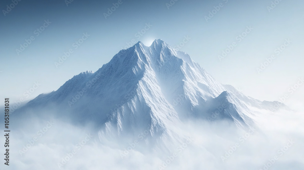 Obraz premium snowy mountain peak above clouds in winter