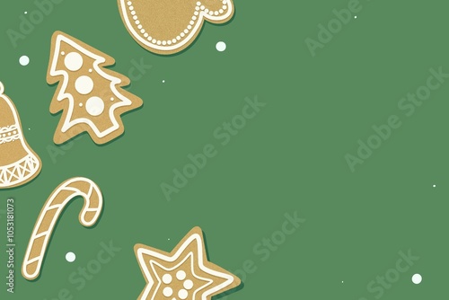 illustration. Festive gingerbread cookies shaped like trees, stars, bells, and mittens on a green background evoke holiday warmth and Christmas cheer. Ideal for seasonal themes. photo