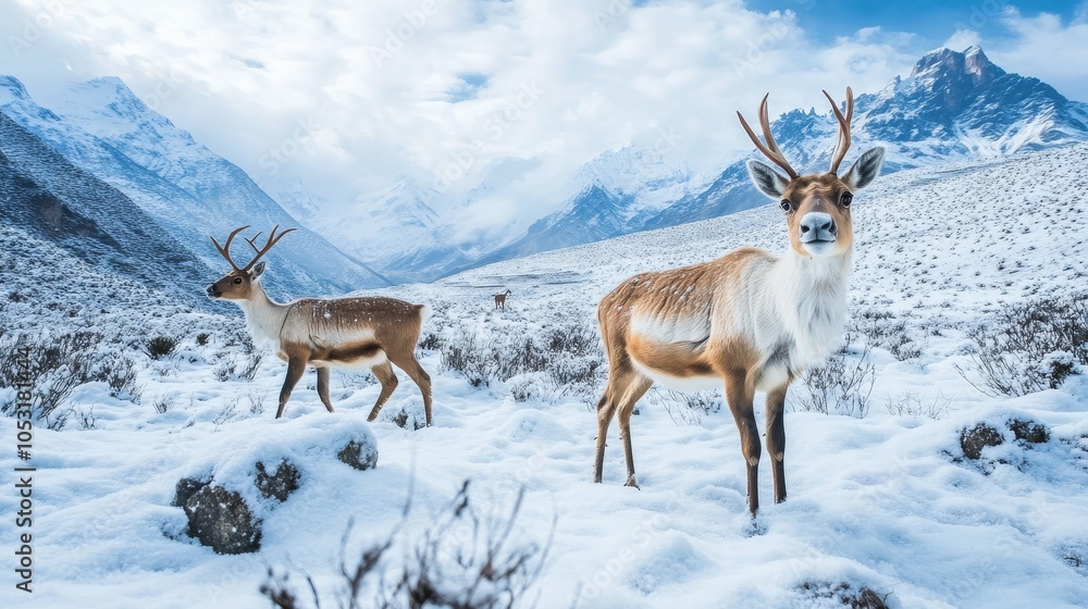 Majestic Reindeer in the Enchanting Snow-Covered Andes - Capturing the Tranquil Holiday Spirit of a Magical Winter Wonderland Majestic Reindeer in the Enchanting Snow-Covered Andes - Capturing the Tranquil Holiday Spirit of a Magical Winter Wonderland