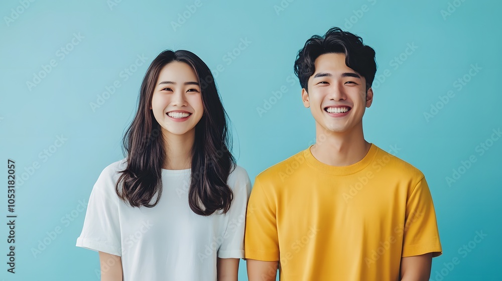 Casual happy Asian man and woman on light blue banner background. Casual happy Asian man and woman on light blue banner background.