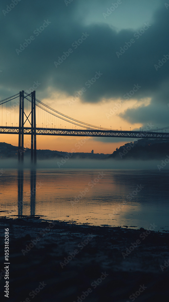 Obraz premium silhouette of bridge over river at sunset with fog and dramatic sky
