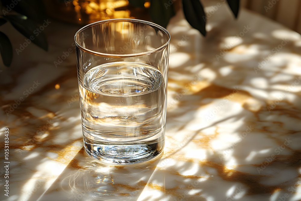 A glass of water reflecting light, surrounded by soft shadows on a marble surface, creating an elegant and serene atmosphere. A glass of water reflecting light, surrounded by soft shadows on a marble surface, creating an elegant and serene atmosphere.