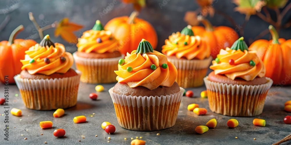 Festive Halloween pumpkin cupcakes with orange frosting and candy decorations, Halloween, pumpkin, cupcakes, festive, orange Festive Halloween pumpkin cupcakes with orange frosting and candy decorations, Halloween, pumpkin, cupcakes, festive, orange