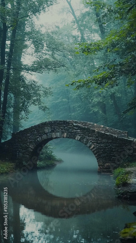 stone bridge in foggy green forest landscape photo