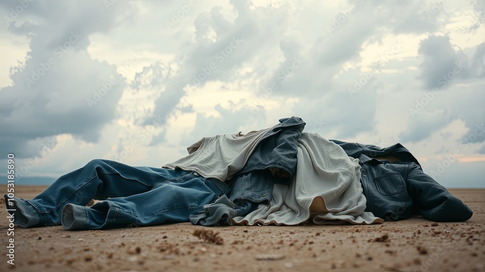 Naklejka premium A pile of discarded clothing lies forgotten on a sandy surface, the garments blending with the earth, a silent testament to an unseen story.