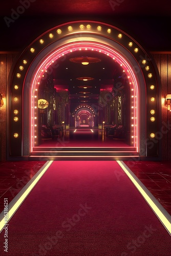 A dynamic casino entrance with welcoming lights and decor, isolated on a rich burgundy background, inviting and vibrant with room for promotional text,