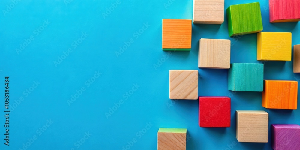 Top view of colorful wooden blocks folding on blue background, colorful, wooden blocks, top view, folding, blue Top view of colorful wooden blocks folding on blue background, colorful, wooden blocks, top view, folding, blue
