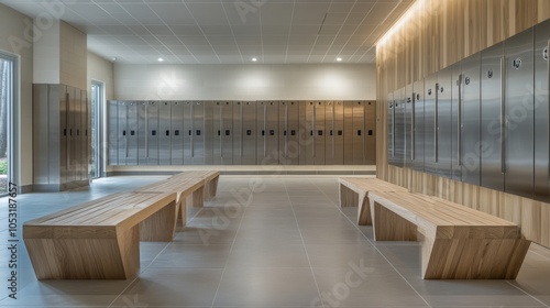 Empty School Locker Room with Benches and Lockers