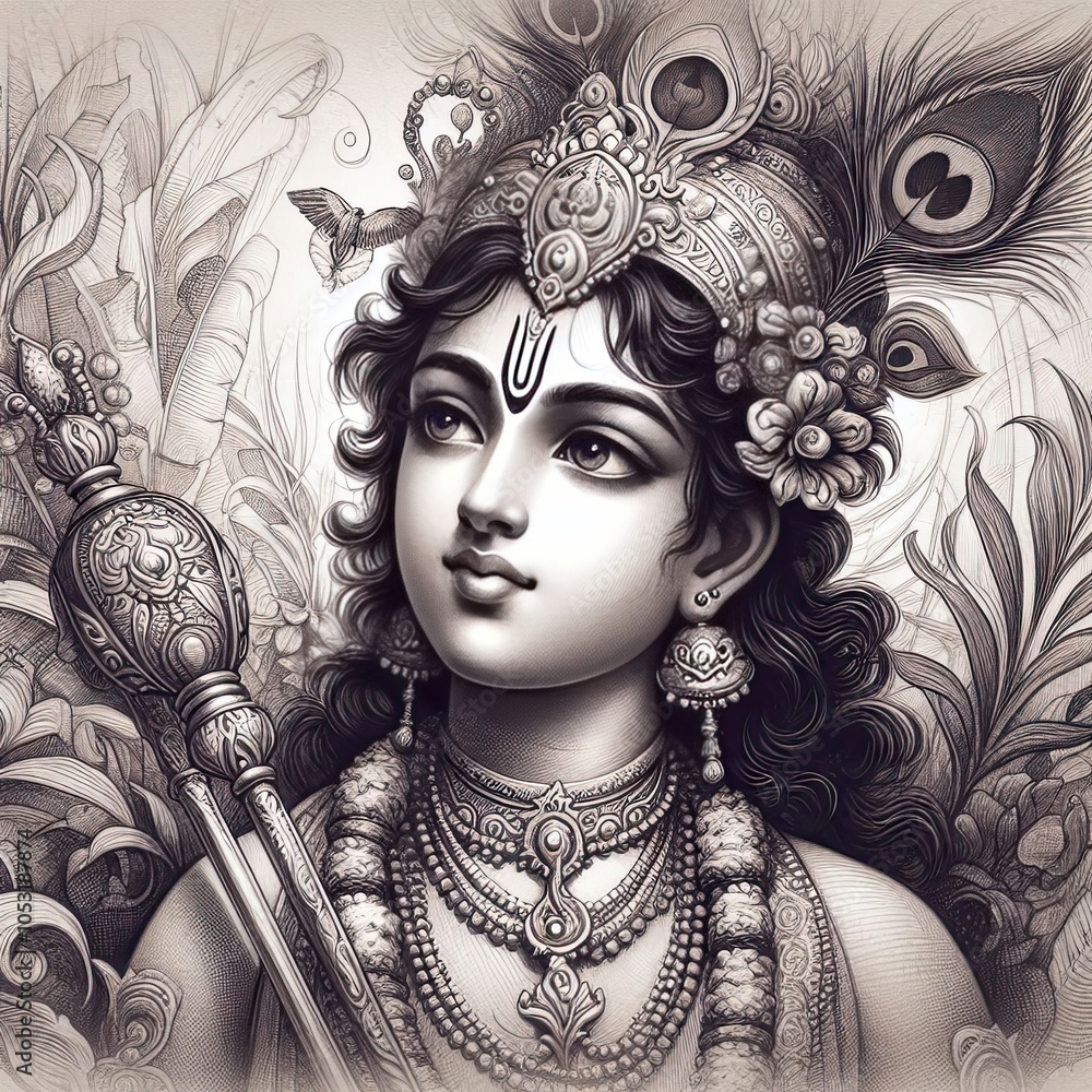 Portrait of Young Lord Krishna, Capturing His Divine Essence Portrait of Young Lord Krishna, Capturing His Divine Essence