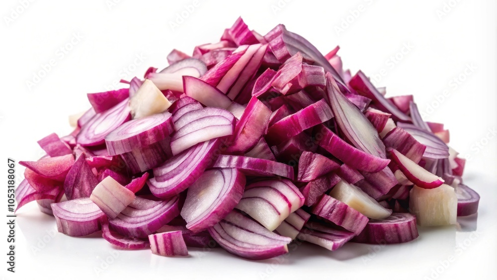 Freshly chopped red onions isolated on white background, red onion, chopped, isolated, pile, raw, purple, pieces, fresh Freshly chopped red onions isolated on white background, red onion, chopped, isolated, pile, raw, purple, pieces, fresh