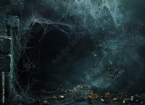 a dark spider den with with cobwebs and some leaves poking out 