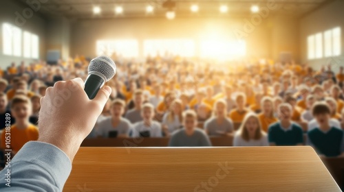 A speaker holds a microphone in front of an engaged audience, showcasing the dynamic atmosphere of public speaking and communication.