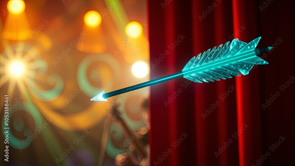 Naklejka premium A shimmering aqua arrow pierces the darkness, illuminated by stage lights, a symbol of the show's imminent arrival.