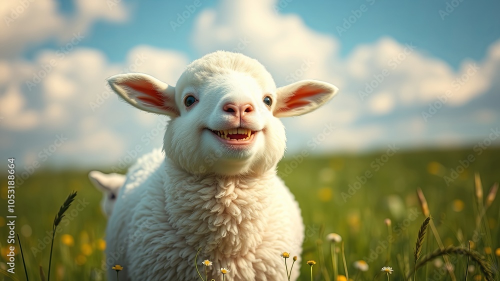 Fototapeta premium A fluffy white lamb with a wide, toothy grin stands in a field of green grass and tiny white flowers, basking in the warm sunlight and clear blue sky.
