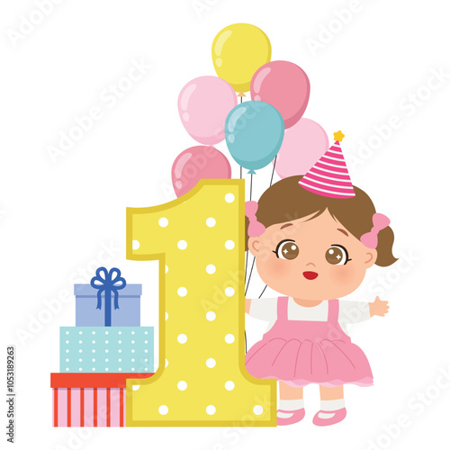 Cute baby girl first birthday celebration clip art