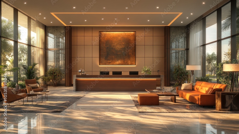Fototapeta premium Modern reception area with natural light and elegant furnishings.